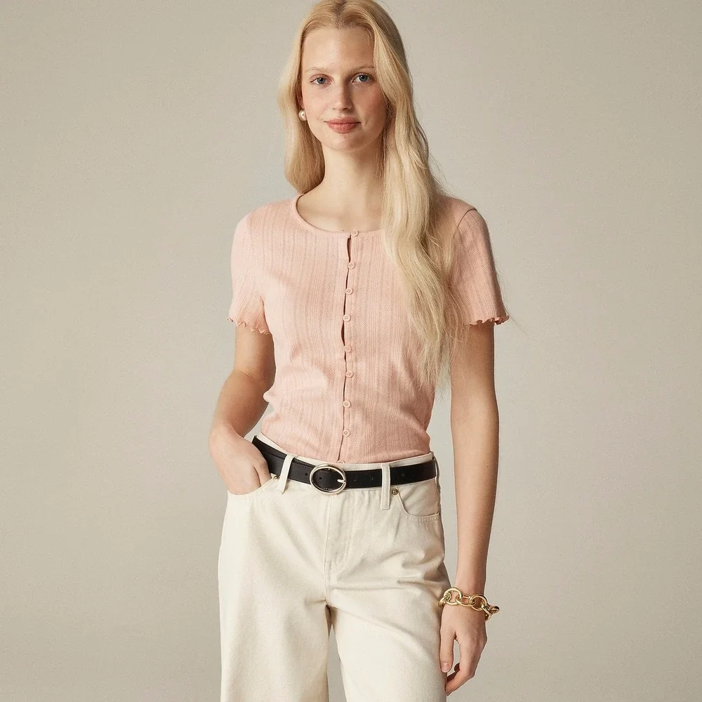 J.Crew Pointelle Short-Sleeve Knit Cardigan Pink Medium